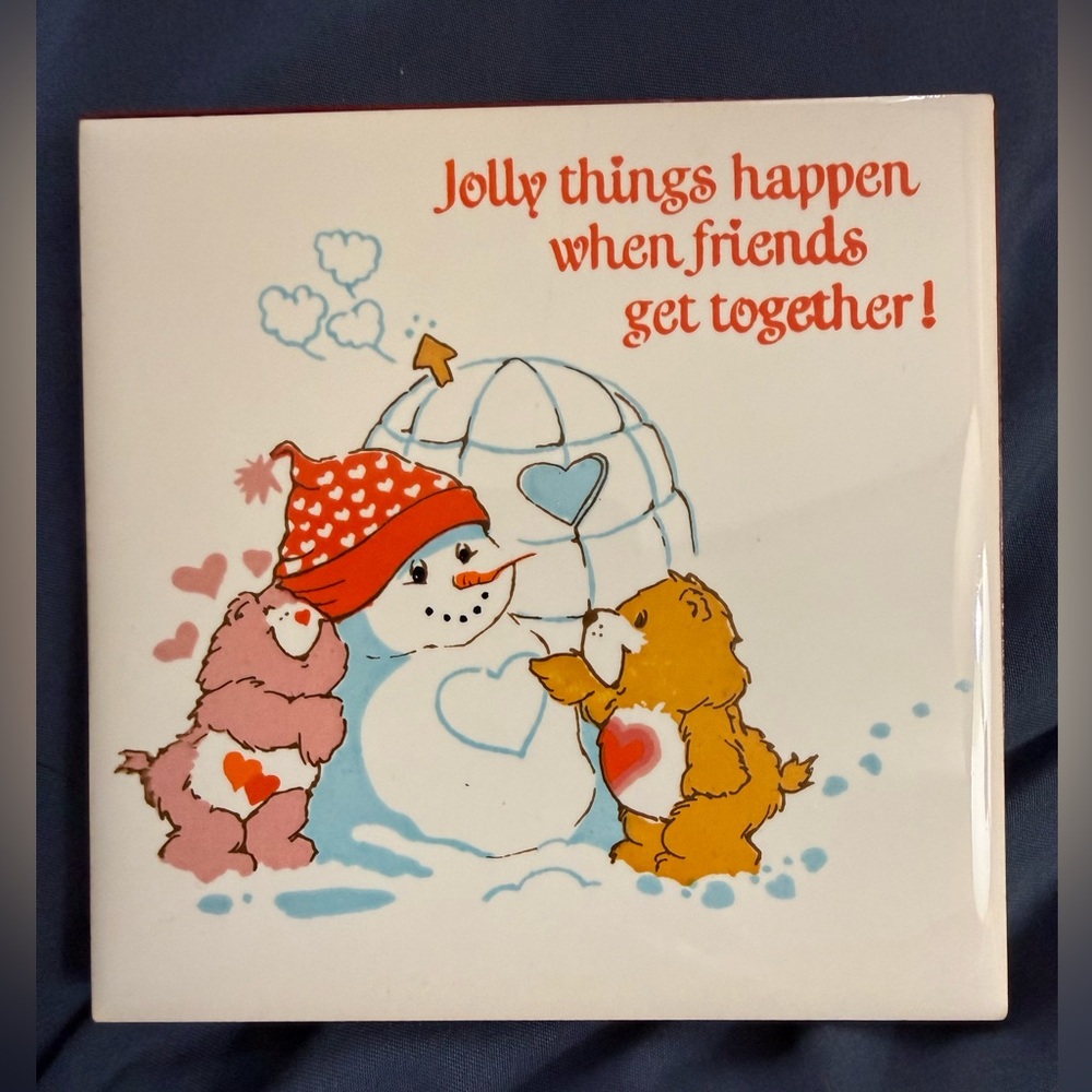 Vtg AG Ceramic Tile Care Bear Plaque, Jolly Things Happen When Friends...'84
